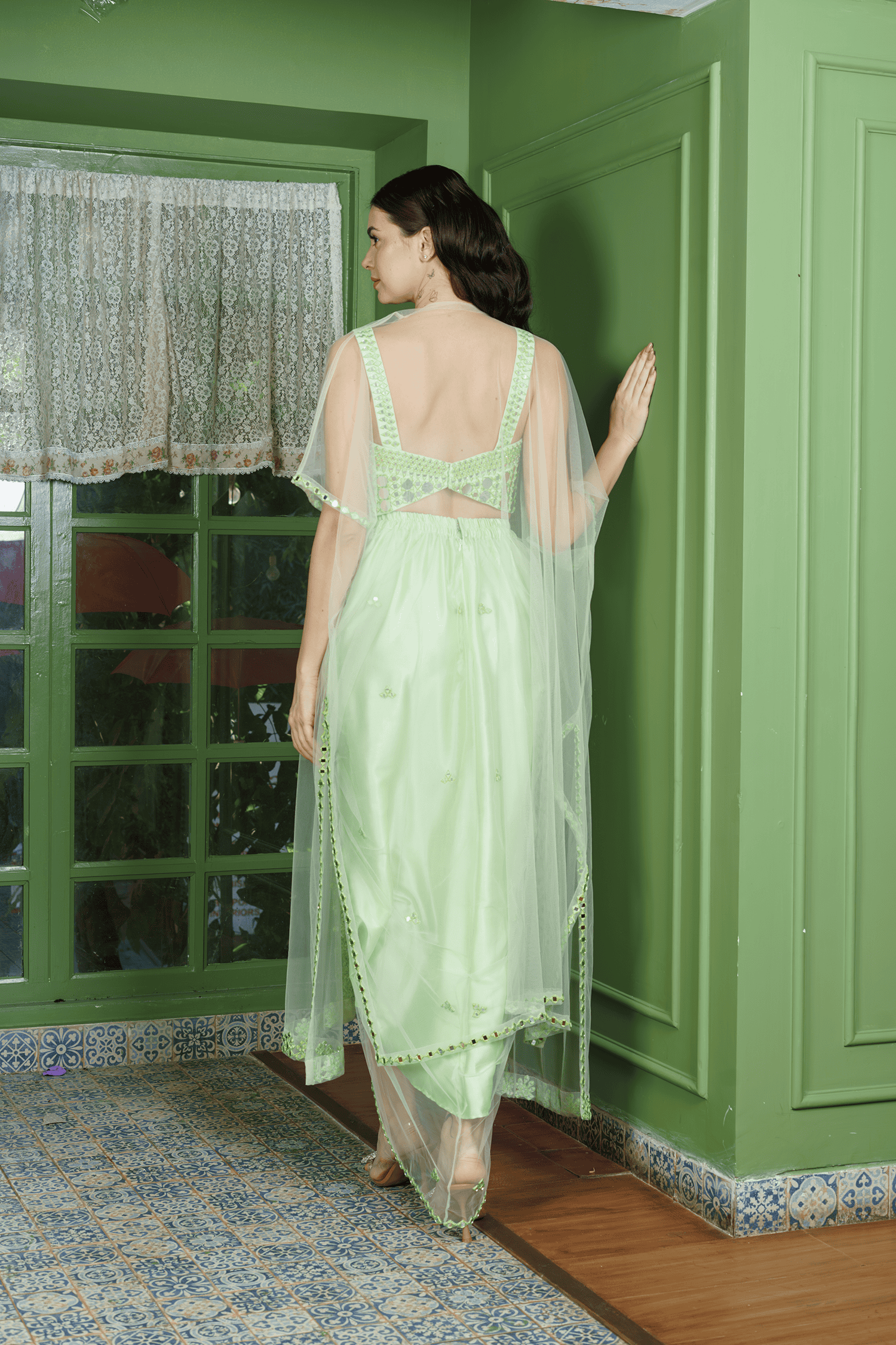 Sheer Sparkle Green Dhoti Set